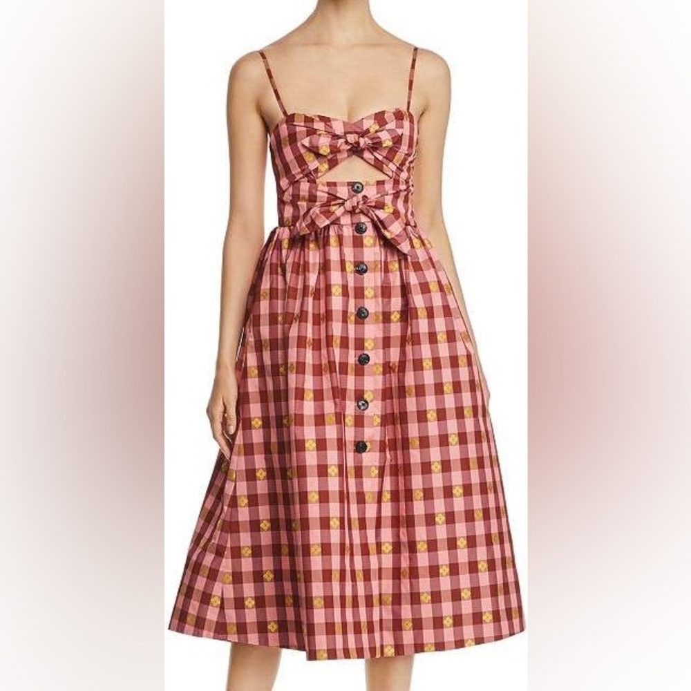 Kate Spade-Logo Cut Out Spaghetti Strap-Gingham Spade Midi Dress